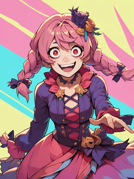score_9, score_8_up, score_7_up, 1girl, very cute face, pink hair, rags, dress, long sleeves, red eyes, front, crazy eyes, twin braids, idol, looking at viewer, simple colorful background, dynamic pose, cowboy shot, hair ornament,
<lora:2XKO_style:1>, 2XKO, wide shot,