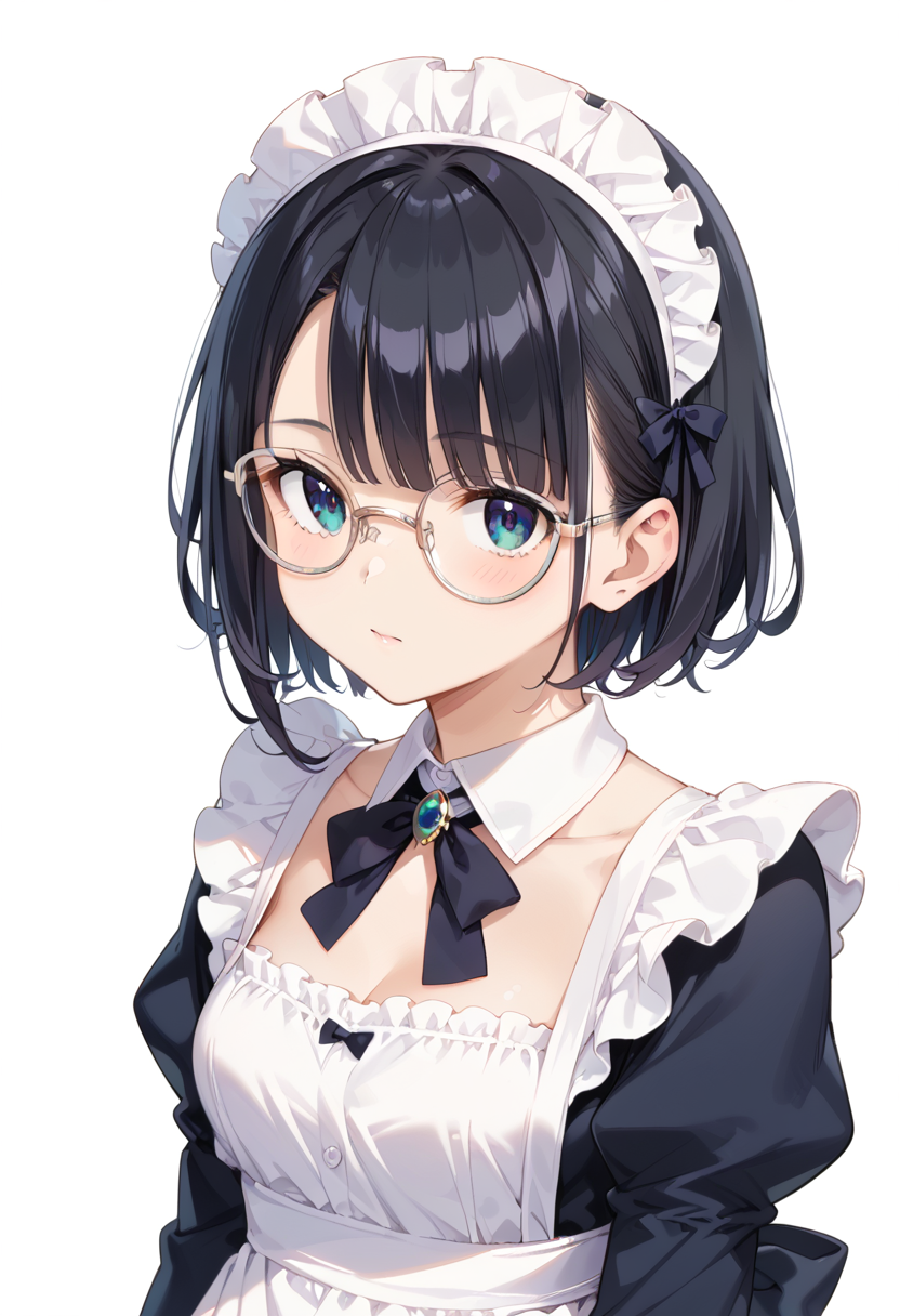 score_9, score_8_up, score_7_up, rating_safe, masterpiece, best quality, absurdres, unity 8k wallpaper, official art, official style, source_anime, uncensored, game cg, megami magazine,
1girl, solo, black hair, medium hair, upper body, covered eyes,maid, maid headdress, black dress, maid apron, face focus,
round_glasses22A, glasses, still life, white background, simple background, white-framed eyewear,
 <lora:glasses_Round_PONY_V1:1>