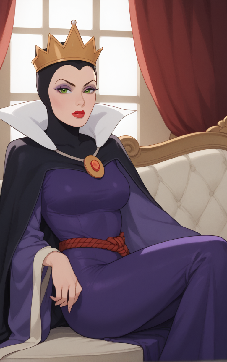 score_9, score_8_up, score_7_up, looking at viewer,  BREAK
Dress_QueenGrimhilde_ownwaifu,
1girl, crown,  makeup, lipstick, red lips,  green eyes,  eyeshadow, breasts,
red rope, rope belt, cape, dress, long sleeves, brooch, gem, robe, wide sleeves, purple dress, purple cape,  jewelry, high collar, silk,
(sitting, spread legs), arms behind back, couch, window shade, indoors, <lora:PONYXL_SnowWhite_QueenGrimhilde_ownwaifu:0.8> , depth of field, solo,