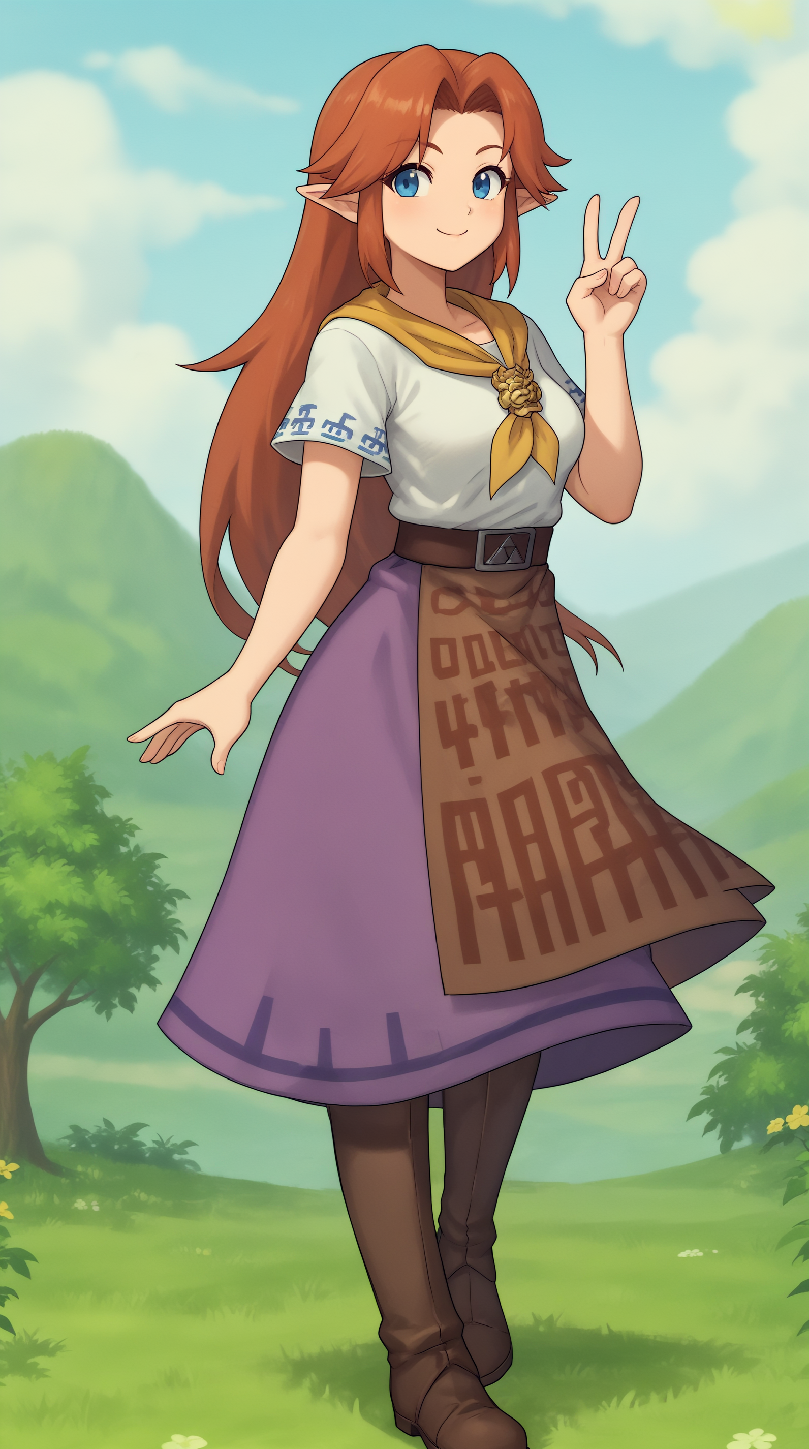 score_9, score_8_up, score_7_up,anime_source, source_anime, best background, detailed background, anime screencap, 4k, upscale,  Malon OOT, Main Outfit, solo, looking at viewer, smile, closed mouth, standing, full body, victory pose, outdoors, v sign,  <lora:JN_Malon_OOT_Pony:0.8>