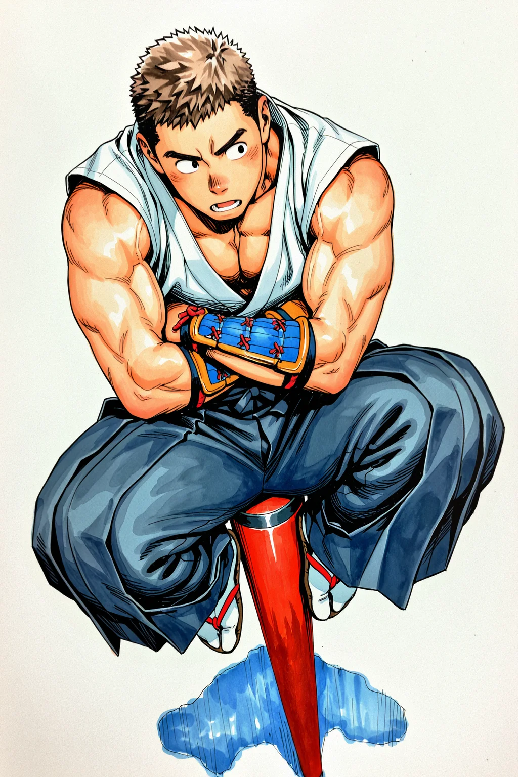 masterpiece, best quality, amazing quality, ultra-detailed, absurdres, highly detailed, 1boy, male focus, bara, muscular male, arm guards, brown hair, very short hair, black eyes, crossed arms, hakama, japanese clothes, short sleeves, on top of pole, open mouth, sideways glance, simple background, traditional media, watercolor \(medium\), sitting, head rest, full body, perspective, foreshortening, from above, shadow