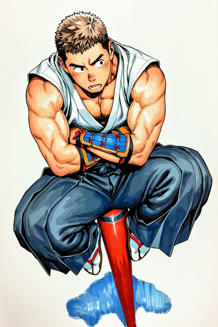 masterpiece, best quality, amazing quality, ultra-detailed, absurdres, highly detailed, 1boy, male focus, bara, muscular male, arm guards, brown hair, very short hair, black eyes, crossed arms, hakama, japanese clothes, short sleeves, on top of pole, open mouth, sideways glance, simple background, traditional media, watercolor \(medium\), sitting, head rest, full body, perspective, foreshortening, from above, shadow