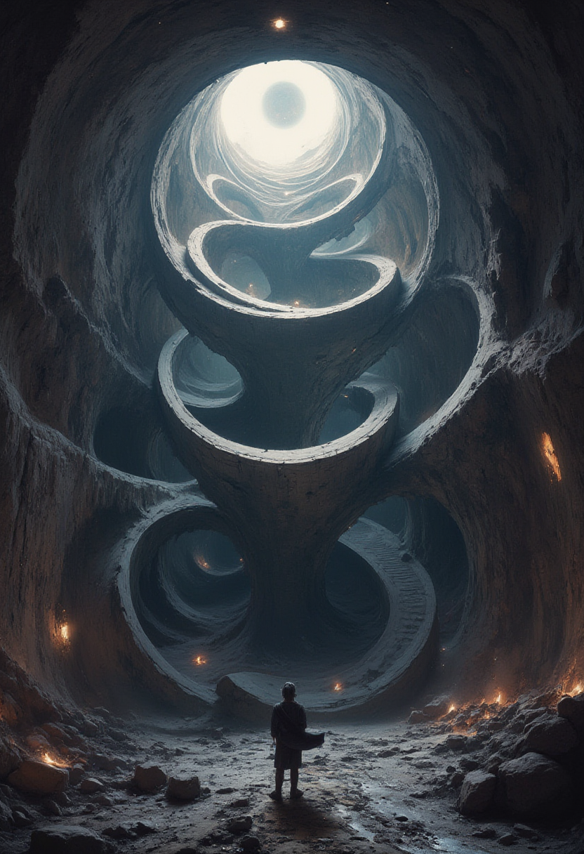 An underground city built around a massive cylindrical well, 100 meters in diameter, with a spiral staircase running along its inner walls, granting access to various sections. The photo is taken from the 20th level below ground, looking upward. Above, a distant circle of grayish sky is visible.
concrete, futuristic devices, architectural masterpiece, dark fantasy