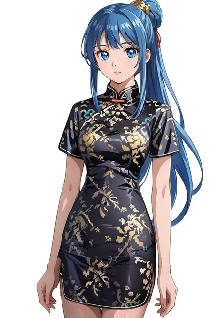 image with excellent quality, very detailed image, 1 girl, cute face, solo, blue eyes, detailed pupils, long hair, blue hair, ponytail, bun, (qipao, shiny clothing, satin dress, Chinese dress, black dress, printed dress, gold print, Chinese clothing, short sleeves), looking at viewer, white background