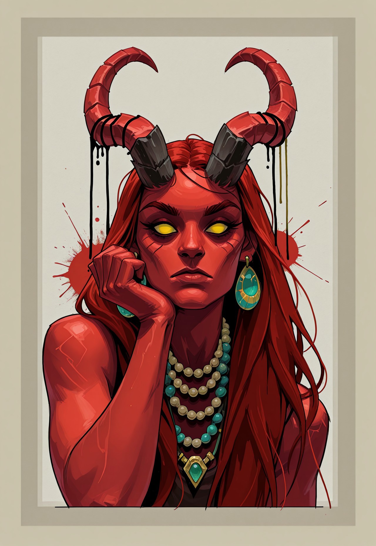 masterpiece, best quality, 1nkPnk, horns, solo, 1girl, jewelry, beads, yellow eyes, long hair, looking at viewer, necklace, colored skin, portrait, border, bead necklace, earrings, closed mouth, hand up, head rest, no pupils, red skin, rough sketch, messy, comic art style, ink splatter, ink (medium), pencil (medium), sketch