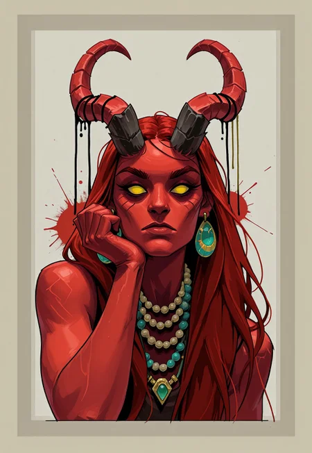 masterpiece, best quality, 1nkPnk, horns, solo, 1girl, jewelry, beads, yellow eyes, long hair, looking at viewer, necklace, colored skin, portrait, border, bead necklace, earrings, closed mouth, hand up, head rest, no pupils, red skin, rough sketch, messy, comic art style, ink splatter, ink (medium), pencil (medium), sketch