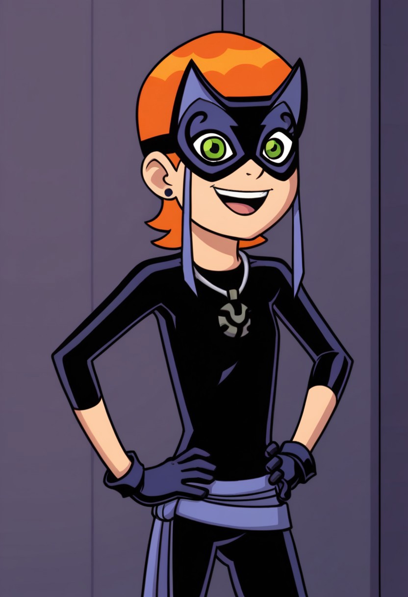 ss_luckygirl, 1girl, mask, solo, green eyes, orange hair, gloves, jewelry, bodysuit, smile, earrings, open mouth, domino mask, flat chest, hands on hips,short hair,belt,smile,looking at viewer