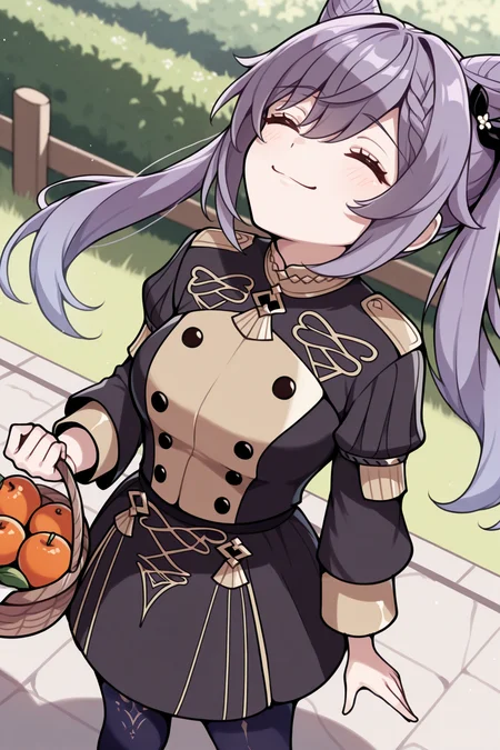 masterpiece, best quality, 1girl, solo, <lora:gmuniform1-illu-nvwls-v1:1> gmuniform1, black jacket, gold trim, puffy sleeves, black buttons, black skirt, blue pantyhose,  <lora:keqing-gi-richy-v1_ixl:1> kqngrd, purple hair, long hair, twintails, double bun, cone hair bun, braid, hair between eyes, medium breasts, closed eyes, smile, holding basket of fruit, garden, field, fence, looking up, smug, smile