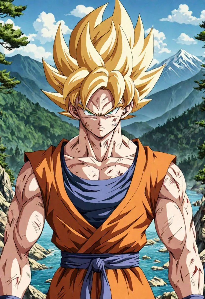 Portrait close( Son Goku Sayan Namek, Clothes 75% Broken,Serious:1.0), green eyes, in amazing background montains, forest, sea, nature, 8k detailed face,