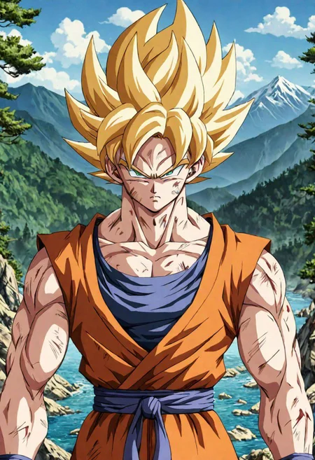 Portrait close( Son Goku Sayan Namek, Clothes 75% Broken,Serious:1.0), green eyes, in amazing background montains, forest, sea, nature, 8k detailed face,