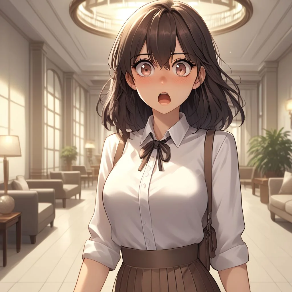 1girl, solo, looking at viewer, brown skirt, pencil skirt, miniskirt, white shirt, blush, surprised, detailed lighting