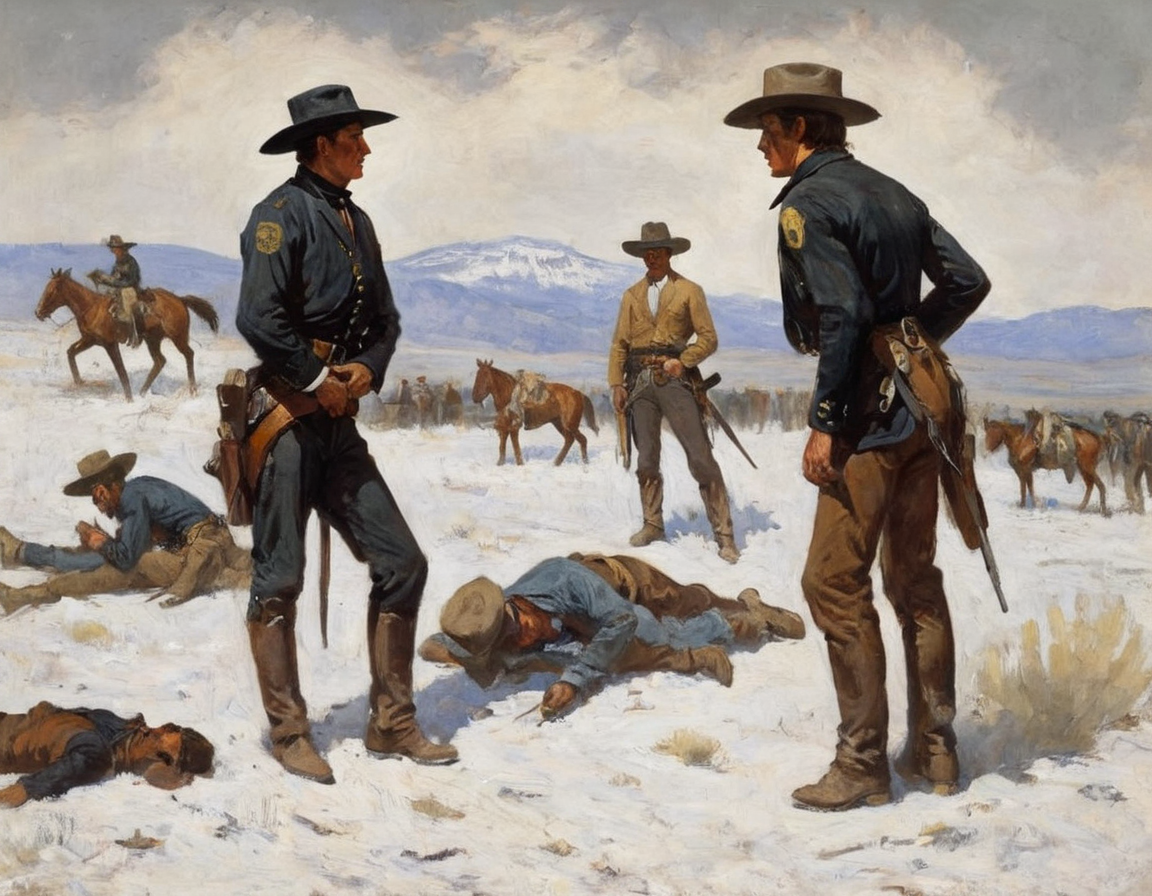 a Remington painting of a US Marshal confronting a wanted man in outpost in Montana in 1867   <lora:FRemington-000001:1>