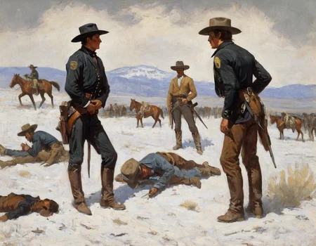 a Remington painting of a US Marshal confronting a wanted man in outpost in Montana in 1867   <lora:FRemington-000001:1>