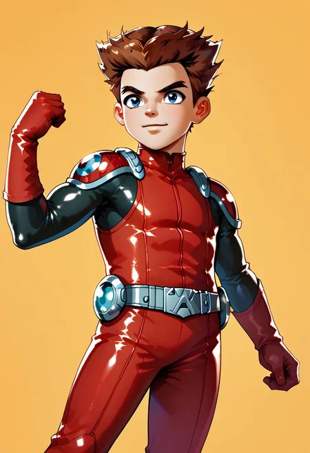 DarirStyle
score_9, score_8_up, score_7_up, highly detailed, cute boy, 1boy, solo,
Lee_Clark, Brown Hair, Pale Blue Eyes, Red Bodysuit, Red Gloves, Red Pauldrons, Belt, flexing