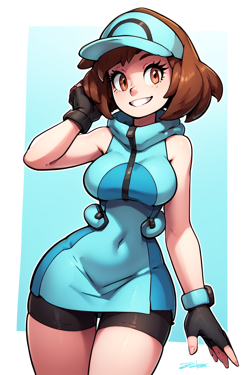 score_9, score_8_up, score_8, medium breasts, (curvy), cute, eyelashes,      ,  zzAceSM, brown eyes, brown hair, medium hair, visor cap, fingerless gloves, sleeveless, hat, black gloves, bike shorts, blue headwear,  ,  <lora:AceTrainerPokemonSM_PDXL:1.0>,  BREAK, smile, looking at viewer, ,,, abstract background, white outline, cowboy shot, ,,, embedding:zPDXL, Expressiveh, ,,, <lora:theOtherHalfPDXL:0.8>, <lora:CatalystStylePDXL:0.6>, <lora:SDXLFaeTastic2400:0.5>, <lora:Expressive_H-000001:0.4>,