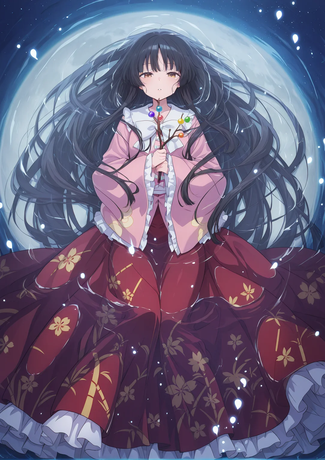absurdres, highres, masterpiece, best quality, amazing quality, official anime artwork, screencap, anime screencap, looking at viewer,
<lora:Kaguya-Houraisan_Illustrious:1> houraisan kaguya, 1girl, solo, brown eyes, black hair, long hair,, pink shirt, long sleeves, wide sleeves, white bow, red skirt, long skirt, floral print, jeweled branch of hourai,
night, sky, jewelry, pated lips, water, moon reflection, from above, light particle, reflection, in water,