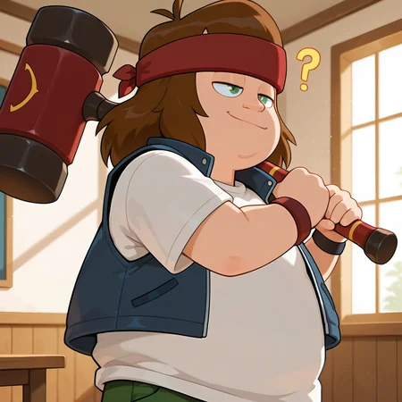 amazing quality, detailed, detailed_background, best quality, source_toon:0.5, , <lora:chainsaw-v3B-15:0.95> (hoi-chainsaw), 1boy, plump:0.5, (aged_up:0.5), young,
, red headband, white t-shirt, blue cropped_vest, upper body, ((single))_purple_wristband, ((asymmetrical wristband)),
, holding sledgehammer, weapon_over_shoulder, light smile, half-closed eyes, closed mouth, ?