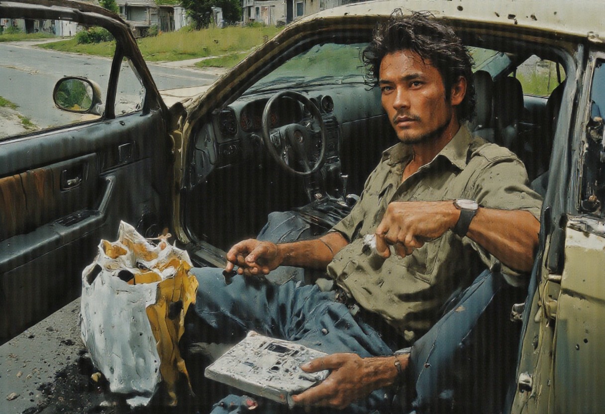 A slightly disheveled individual in the early evening, standing beside an older model car with the door open. The person's hand is still clutching the car's door handle as if they've just stepped out, with a look of mild concern etched on their face. They're dressed casually, with a calculator in one hand and a handful of crumpled receipts in the other, which are fluttering slightly in the breeze. The background is a typical suburban street with houses in the distance, hinting at the end of a shopping trip or daily errands. The lighting casts long shadows, suggesting it's the end of the day. The car's interior is partially visible, revealing a wallet and a few loose coins scattered on the seat. On the pavement, there's a shopping bag filled with groceries that look like they're about to spill out. The individual's eyes are focused on the calculator's display, their thumb hovering over the keys as they attempt to tally their expenses. The caption could be, "Daily Math: The Suburban Balancing Act" to encapsulate the moment of realization and the ongoing struggle to manage finances amidst everyday responsibilities.