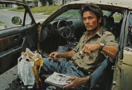 A slightly disheveled individual in the early evening, standing beside an older model car with the door open. The person's hand is still clutching the car's door handle as if they've just stepped out, with a look of mild concern etched on their face. They're dressed casually, with a calculator in one hand and a handful of crumpled receipts in the other, which are fluttering slightly in the breeze. The background is a typical suburban street with houses in the distance, hinting at the end of a shopping trip or daily errands. The lighting casts long shadows, suggesting it's the end of the day. The car's interior is partially visible, revealing a wallet and a few loose coins scattered on the seat. On the pavement, there's a shopping bag filled with groceries that look like they're about to spill out. The individual's eyes are focused on the calculator's display, their thumb hovering over the keys as they attempt to tally their expenses. The caption could be, "Daily Math: The Suburban Balancing Act" to encapsulate the moment of realization and the ongoing struggle to manage finances amidst everyday responsibilities.