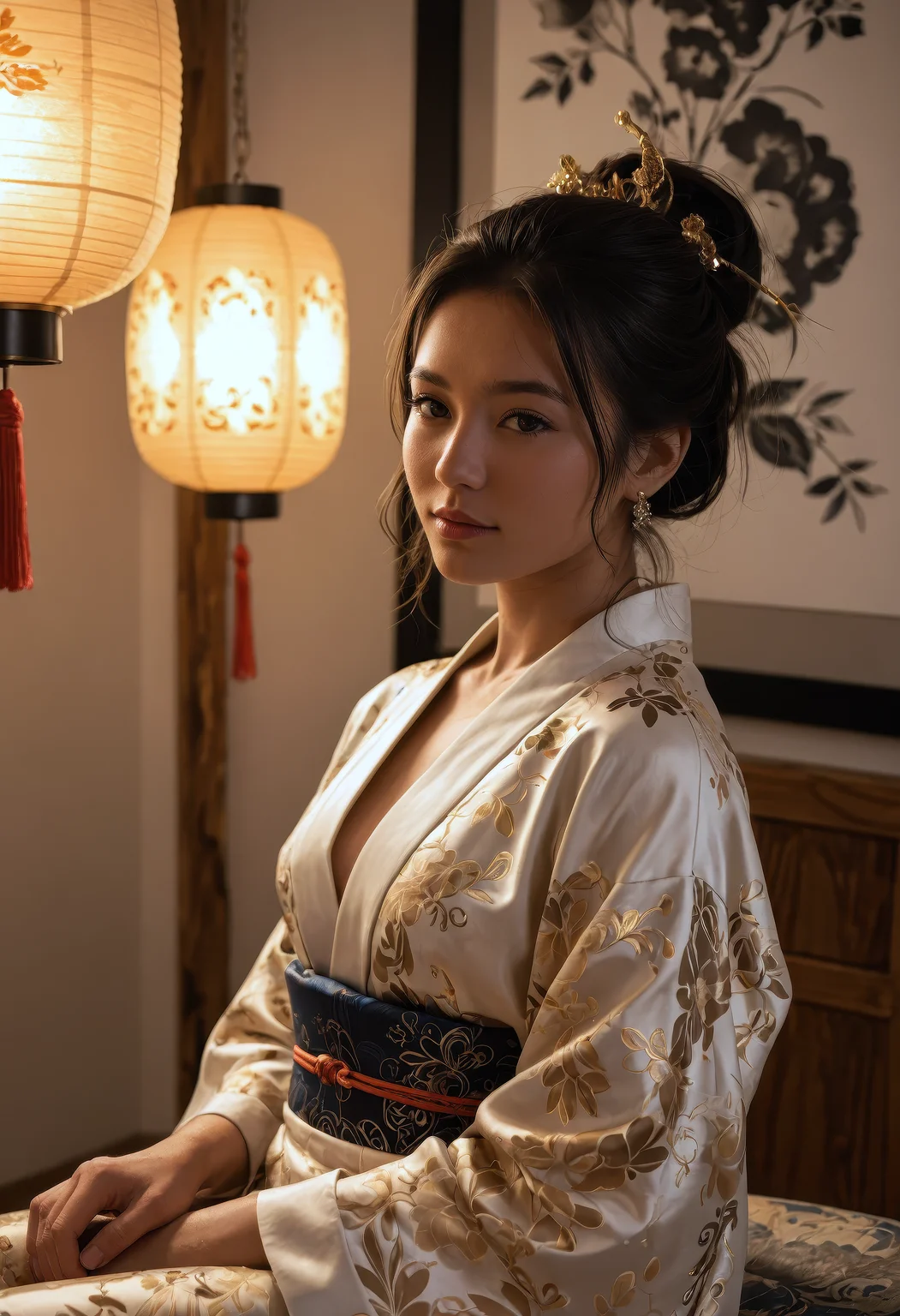 score_9, score_8_up, score_7_up, cinematic fine-art photo of a Asian woman wearing a modern silk kimono, hair in an elegant updo with soft tendrils, soft gold lighting from a paper lantern, sitting near a shoji screen, subtle expression of longing, gentle shadows defining her face, glowy highlights on silk fabric, ultra-detailed texture rendering, warm color palette, a quiet blend of tradition and contemporary minimalism, emotive and timeless aesthetic