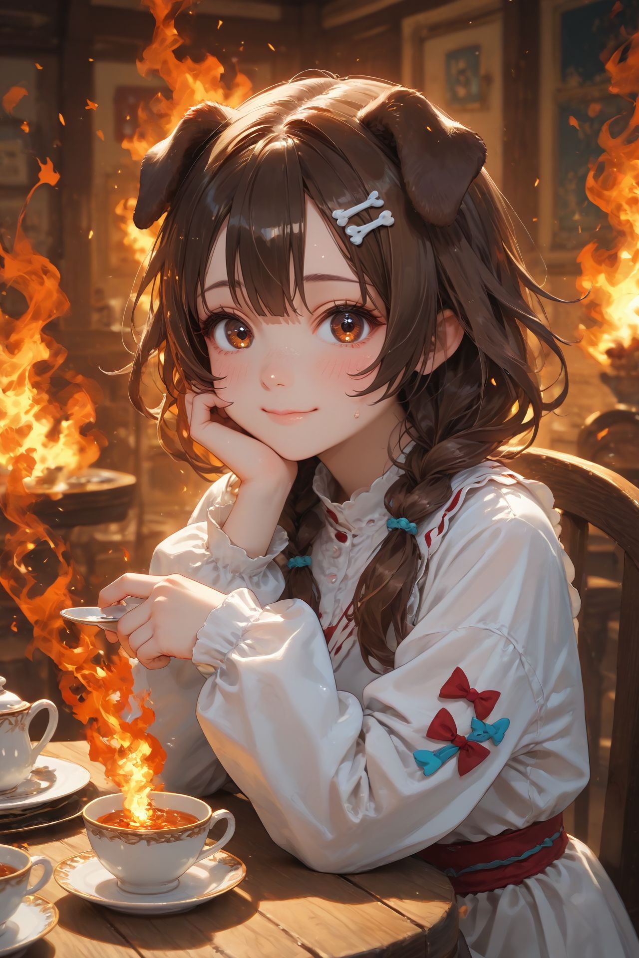 looking at viewer,detailed background,Cinematic Lighting,film grain,score_9,score_8_up,score_7_up,masterpiece,best quality,highly detailed,
<lora:(增强)sdxl_lightning_8step_lora:1>,<lora:glowneon_xl_v1:1>,glowing,<lora:Expressive_H:0.8>,Expressiveh,<lora:th3rm4lXLP:0.4>,th3rm4l,colorful,
1girl,animal ears,brown hair,smile,cup,virtual youtuber,solo,dog ears,brown eyes,(fire:1.2),inugami korone,holding,bangs,sitting,long sleeves,teacup,blush,food,chair,table,sweat,indoors,closed mouth,dog girl,chibi,looking at viewer,(burning:1.2),