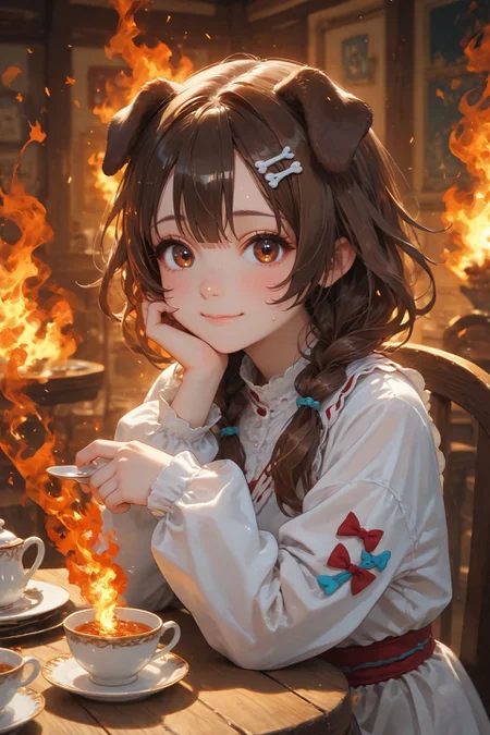 looking at viewer,detailed background,Cinematic Lighting,film grain,score_9,score_8_up,score_7_up,masterpiece,best quality,highly detailed,
<lora:(增强)sdxl_lightning_8step_lora:1>,<lora:glowneon_xl_v1:1>,glowing,<lora:Expressive_H:0.8>,Expressiveh,<lora:th3rm4lXLP:0.4>,th3rm4l,colorful,
1girl,animal ears,brown hair,smile,cup,virtual youtuber,solo,dog ears,brown eyes,(fire:1.2),inugami korone,holding,bangs,sitting,long sleeves,teacup,blush,food,chair,table,sweat,indoors,closed mouth,dog girl,chibi,looking at viewer,(burning:1.2),