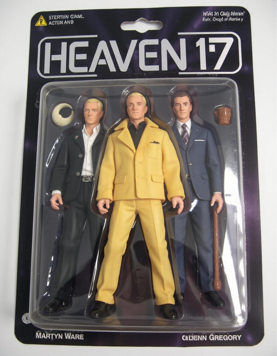 <lora:Knockoff_Toy_Twister_FLUX:1> Action Figure: The image is a photograph of a packaged action figure of (HEAVEN 17). MARTYN WARE, IAN CRAIG MARSH, GLENN GREGORY
