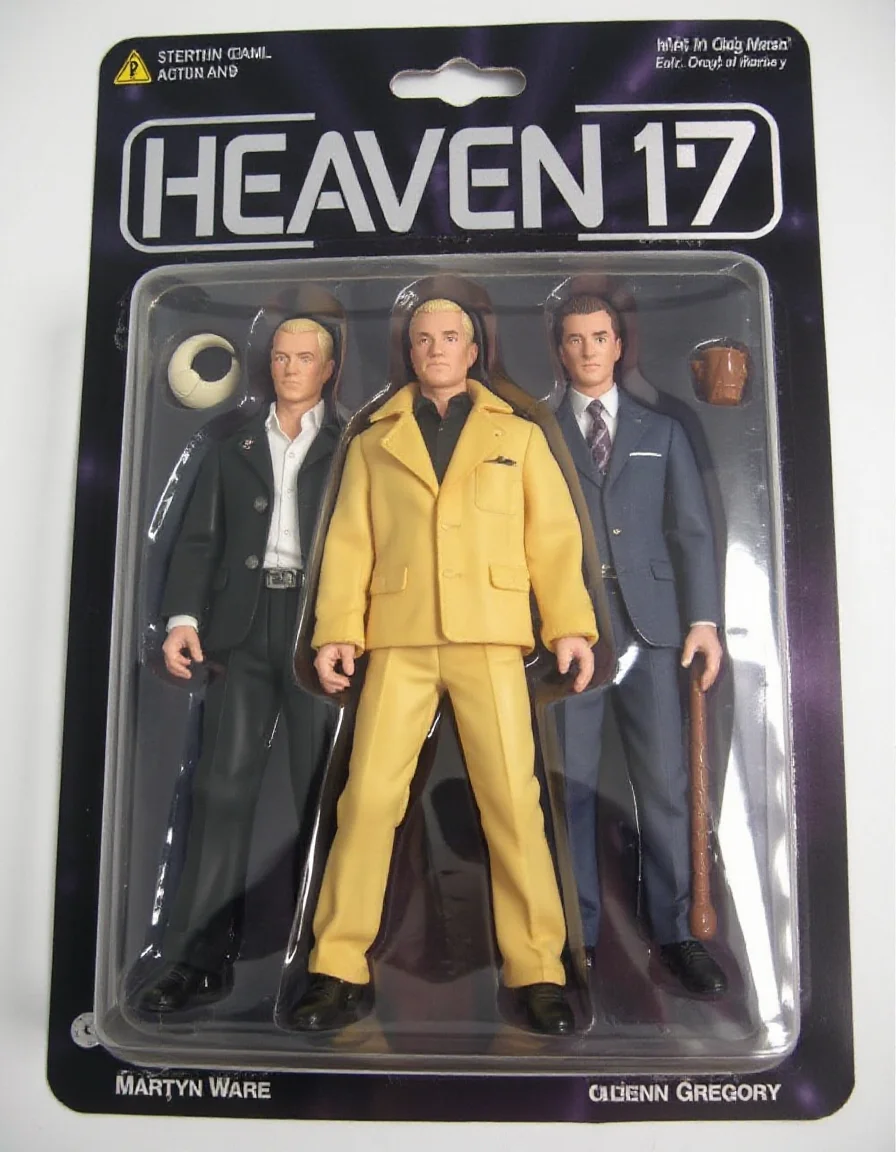 <lora:Knockoff_Toy_Twister_FLUX:1> Action Figure: The image is a photograph of a packaged action figure of (HEAVEN 17). MARTYN WARE, IAN CRAIG MARSH, GLENN GREGORY