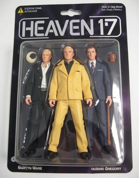 <lora:Knockoff_Toy_Twister_FLUX:1> Action Figure: The image is a photograph of a packaged action figure of (HEAVEN 17). MARTYN WARE, IAN CRAIG MARSH, GLENN GREGORY