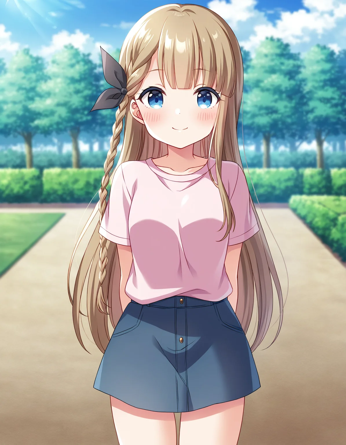 1girl, solo, cowboy shot, narumiya suzu, idoly pride, casual, t-shirt, miniskirt, standing, arms behind back, looking at viewer, smile, blush, outdoors, park, day, BREAK, <lora:iSuzu:0.72>,
very aesthetic, high definition, amazing quality, masterpiece, best quality, highres, absurdres, sensitive, newest, anime screenshot, screencap