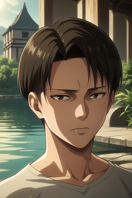 score_9, score_8_up, score_7_up, source_anime, rating_safe, , anime screencap, , , looking at viewer, , 1boy, solo, male focus, <lora:levi_ackerman_pony:0.9>, levi_ackerman, black hair, black eyes, short hair, curtained hair, , upper body, pond, arch, japanese architecture, indoors, lying, on back, wavy mouth, , <lora:sdxl_lightning_8step_lora:1>