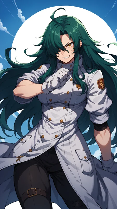 score_9,score_8_up,score_7_up,score_6_up, source_anime, zPDXL, <lora:xl_more_art-full_v1:0.5>, woman, dynamic pose, <lora:Rose - Pony-000004:0.7>, long hair, green hair, yellow eyes, hair covering one eye, long coat, white coat, white gloves, combat stance, (fighting stance:1.3), evil smile, motion lines, (fighting),