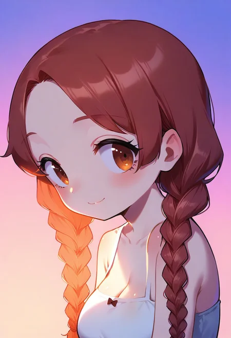 score_9,score_8_up,score_7_up,blurry,<lora:PetraStyle:1.8>,((masterpiece)),illustration,high detail, trending,kawaii,pale skin,red hair with braids, brown eyes,long eyelashes, blush,white sleeveless summer dress,smile,big breasts,cleavage,sexy