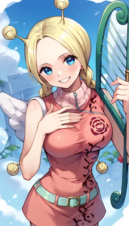 score_9, score_8_up, score_7_up, score_6_up, score_5_up, score_4_up, 1girl, conis, wings, blonde hair, antenna hair, twin braids, blue eyes, pink dress, turtleneck, green belt, harp, looking at viewer, cute, <lora:Conis_v2:1>