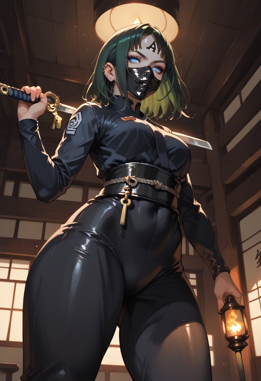 score_9, score_8_up, score_7_up, score_6_up, source_cartoon, masterpiece, 8k, beautiful, detailed body, detailed eyes, intricate details, detailed eyes, rimixa, sinozick style, invncbl,
BREAK,
1girl, asian woman, pale skin, blue glowing eyes, wide hips, medium breast, thick thighs, round ass, (dark green hair, medium hair, bum), toned, abs
BREAK,
(dynamic pose: 2:0), masked face, full mask ninja, fighting stance, mid movement, looking back, holds a sword, ninja sword in hand, creeps up
BREAK,
tight black ninja bodysuit, black bodysuit, black mask, black clothes
(piercings:1.2),
BREAK,
dojo background, dark, (backlighting, key light, dim lights), cinematic, high contrast, dynamic angles, from below, night, torch light, Dojo