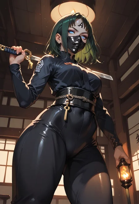 score_9, score_8_up, score_7_up, score_6_up, source_cartoon, masterpiece, 8k, beautiful, detailed body, detailed eyes, intricate details, detailed eyes, rimixa, sinozick style, invncbl,
BREAK,
1girl, asian woman, pale skin, blue glowing eyes, wide hips, medium breast, thick thighs, round ass, (dark green hair, medium hair, bum), toned, abs
BREAK,
(dynamic pose: 2:0), masked face, full mask ninja, fighting stance, mid movement, looking back, holds a sword, ninja sword in hand, creeps up
BREAK,
tight black ninja bodysuit, black bodysuit, black mask, black clothes
(piercings:1.2),
BREAK,
dojo background, dark, (backlighting, key light, dim lights), cinematic, high contrast, dynamic angles, from below, night, torch light, Dojo