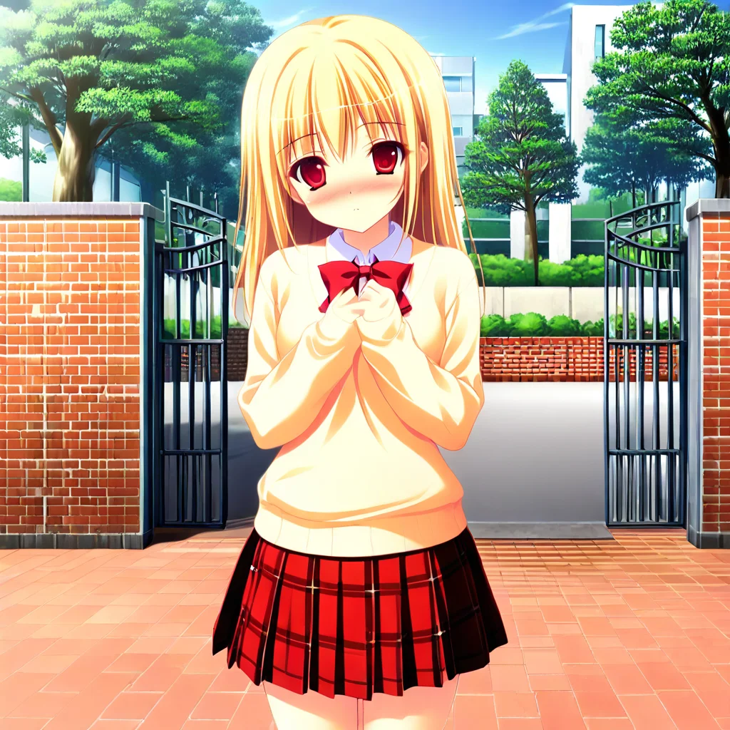 1girl, blonde hair, red eyes, skirt, solo, looking at viewer, outdoors, blush, bow, tree, red skirt, sweater, bench, plaid skirt, red bricks wall,school gate