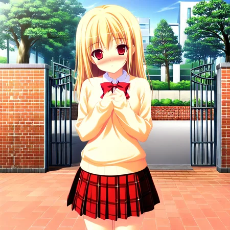 1girl, blonde hair, red eyes, skirt, solo, looking at viewer, outdoors, blush, bow, tree, red skirt, sweater, bench, plaid skirt, red bricks wall,school gate