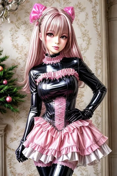 detailed full-length photo, full body, young lady, long straight pastel hair, rim lighting, (pink gleaming oily latex fabric), (pink puffy latex dress), pink puffy Bad_End_Precure princess dress, puffy latex sleeves, latex elbow gloves, tack sharp, crystal clear, 8K UHD, hyper-detailed eyes, high detailed skin, Feminine, (Perfect Face), (High Detail), detailed fingers, beautiful fingers, legs, thin eyebrows, glossy lips, (pink lipstick), (full makeup), (high heeled shoes), (princess shoes), (mary janes shoes), lots of frills and bows, 
<lora:more_details:1.5>, <lora:naughty_to_nice:3>