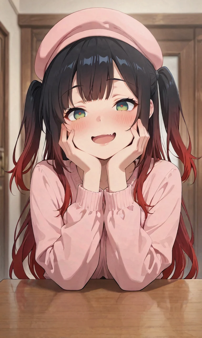 masterpiece, cute, lovely, (best quality:1.3), (amazing quality:1.3), very aesthetic, 1girl, solo, happy, smile. open mouth, high gradient eyes, long hair, green eyes, (red and black hair), very long red hair, streaked hair, multicolored hair, gradient hair, two side up, sidelocks, BREAK, blush, hat, open mouth, pink headwear, solo, piercing, fang, hands on own face, embarrassed, blunt bangs, wavy mouth