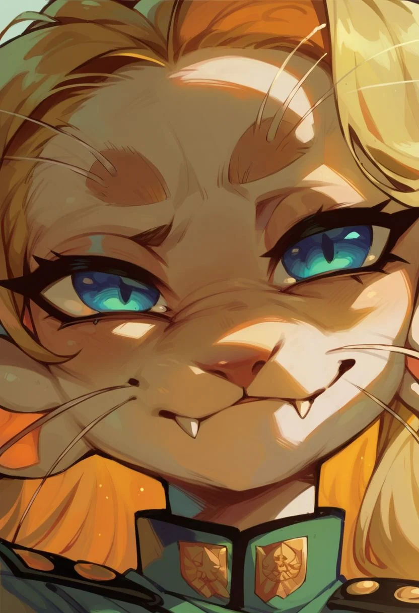 score_9, score_8_up, score_7_up, score_6_up, (ariral:1.1), female, white body, blonde hair, blue eyes, cute fangs, smug \:\3,whiskers, military uniform