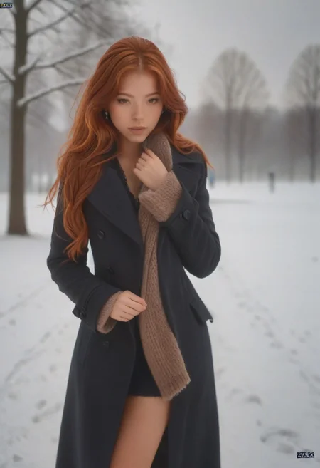 em5588, 18 yo, best illustration, illustration, masterpiece, best quality, ultra-detailed, photo of beautiful woman ,seductive, red hair.coat ,in the park, Winter, snow , masterpiece) (best quality) (detailed) (8k) (HDR) (wallpaper) (cinematic lighting) (sharp focus) (intricate)