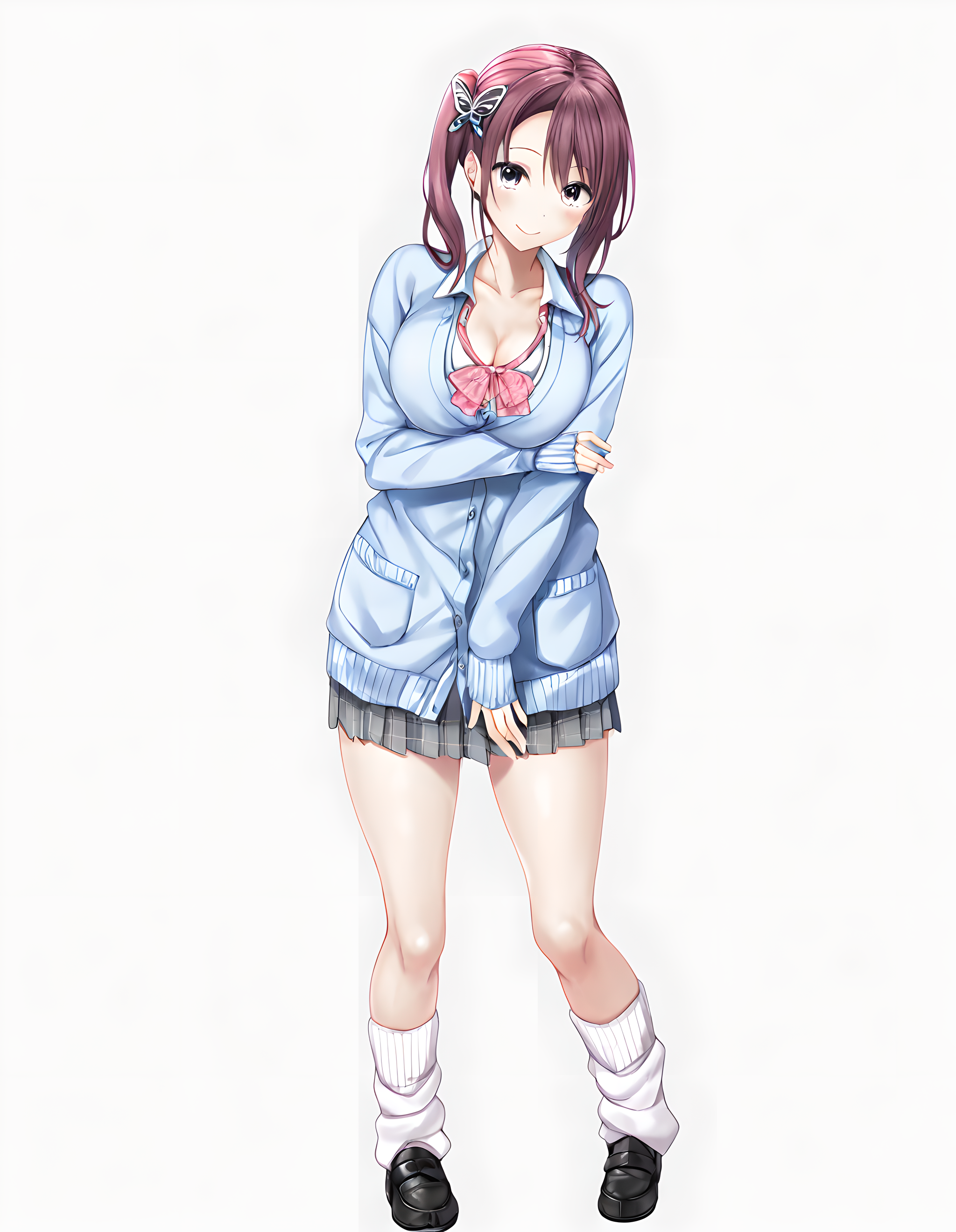 <lora:illustrious_XL_nanase:0.8>,nanase,masterpiece,best quality,good quality,1girl,solo,blue cardigan,white collared shirt,partially_unbuttoned,cleavage,sleeves past wrists,pink bowtie,grey skirt,pleated skirt,loose socks,black_loafers,smile,standing,white_background,front view,full body,