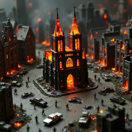 microworldlora.
Image of a A miniature diorama of a post-apocalyptic scene, viewed from above, featuring a burning Notre Dame-like cathedral with flames engulfing the iconic spires. The square in front of the cathedral is littered with smashed, abandoned cars, some overturned, with smoke rising from them. Tiny zombie figures are scattered throughout the plaza, moving aimlessly among the wreckage. The atmosphere is dark and chaotic, with the fiery glow illuminating the crumbling cityscape in stark contrast to the eerie shadows. The details of destruction give the scene a haunting, miniature apocalyptic feel.