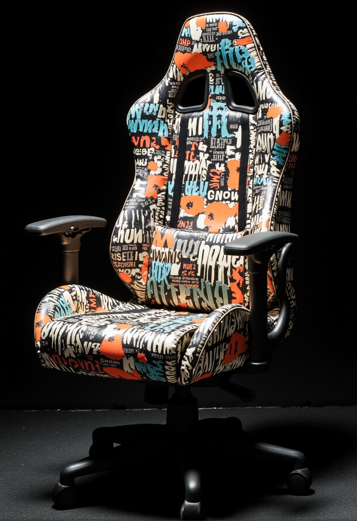 A gaming chair inspired by grng style. The upholstery is entirely covered with colored letters, headlines, and grunge textures in a seamless collage. The armrests and base are minimalist, painted in matte black to accentuate. The overall aesthetic blends the tactile appeal of grunge aestetic with contemporary gaming comfort. dark background
