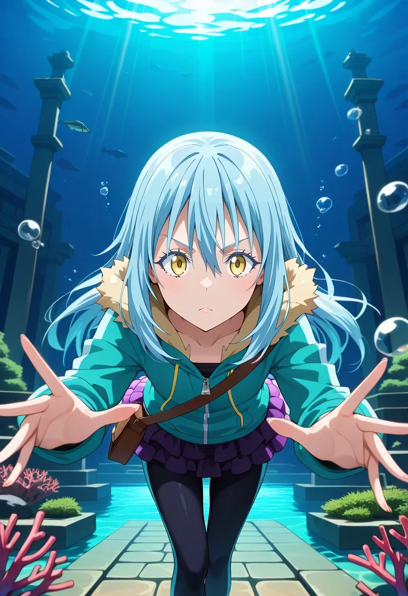 masterpiece, best quality, , (3d:0.4), , , 1other, androgynous, solo, <lora:rimuru_tempest_ilxl:0.96>, rimuru_tempest, blue hair, yellow eyes, long hair, bangs, hair between eyes, fur trim, underwater temple, coral growth, fish schools, light rays, swimming pose, determined expression, bubbles, Performance leggings, Plaid Jacquard PowderBlue Polo hoodie, , , andShoulder Bag|tube top, layered skirt