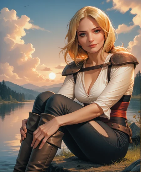 score_9, score_8_up, score_7_up, score_6_up, score_5_up, score_4_up, realistic, photoshop \(medium\), <lora:Valeria_t2-000008-128:1.0> 1girl, Valeria, blonde, large breasts, cleavage, smile, sitting, knees up, hugging knees, looking at viewer, shoulder pads, pants
, outdoors, daytime, medieval, lake, vista, clouds, sun