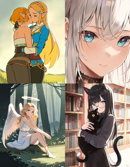 https://civitai.com/articles/8642 __ 1st image: masterpiece, best quality, 1girl, 1boy, princess zelda, the legend of zelda: breath of the wild, standing, kiss, hug, closed eyes, outdoors __ 2nd image: masterpiece, best quality, 1girl, face, portrait, looking at viewer, closed mouth __ 3rd image: masterpiece, best quality, 1girl, solo, blonde hair, wavy hair, angel, angel wings, halo, smile, sitting, forest, white dress __ 4th Image: masterpiece, best quality, 1girl, solo, long hair, black hair, blunt bangs, straight hair, round eyewear, cat girl, cat ears, cat tail, standing, hug, cat, looking at viewer, library