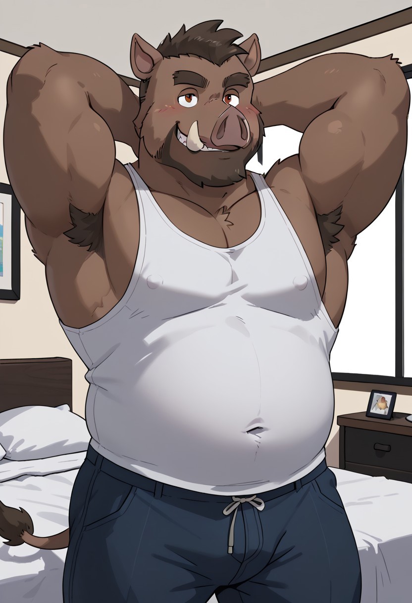 score_9, score_8_up, score_7_up, (((Borisdw))), boar, tail shown, brown body fur, ((smiling)), hand behind head, solo, tank top, brown pants indoors, pupils shown, big iris, male focus, face focus, hi res, 4k res, bedroom, (body movement, hand movement), (body motion, hand motion, arm motion) pupils shown, (((detailed eyes, eyes focus, perfect eyes))), perfect face best artwork, highly detailed