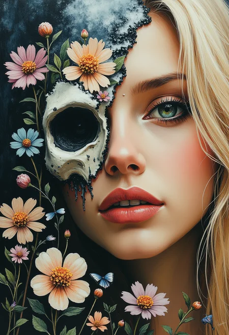 thepaintedrealm. Oil painted and horror art style. Create a unexpected fantasy image that combines the style of oil painting and horror painting with a beautiful blonde woman as a twist. In contrast to the rest of the scene, the background is bright and colorful with flower and a snow landscape.